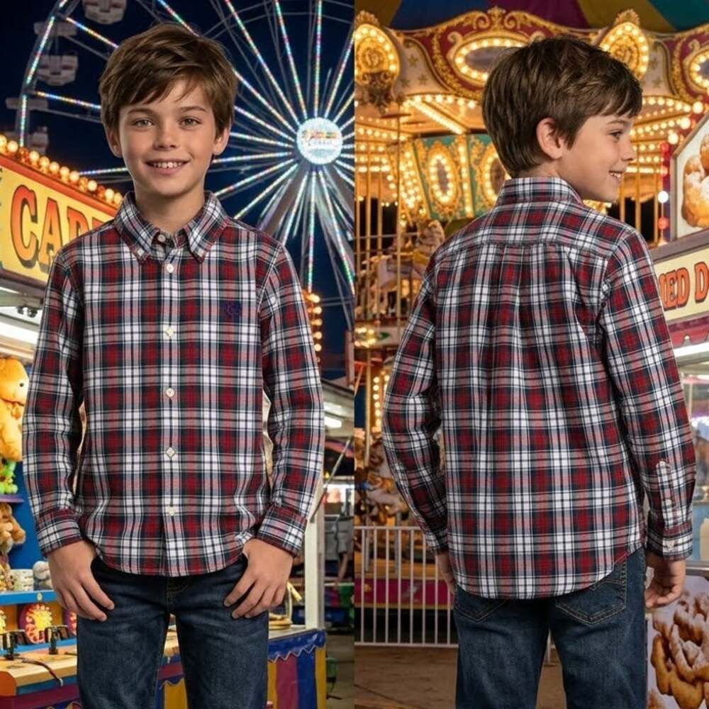 Chaps Plaid Red Green White Button Down Long Sleeve Shirt Boys Size 6 Small 26"